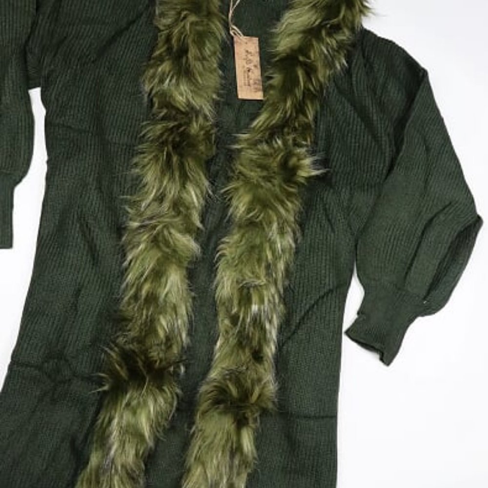 Olive Faux Fur Collar Long Sleeve Cardigan - Picture 3 of 6